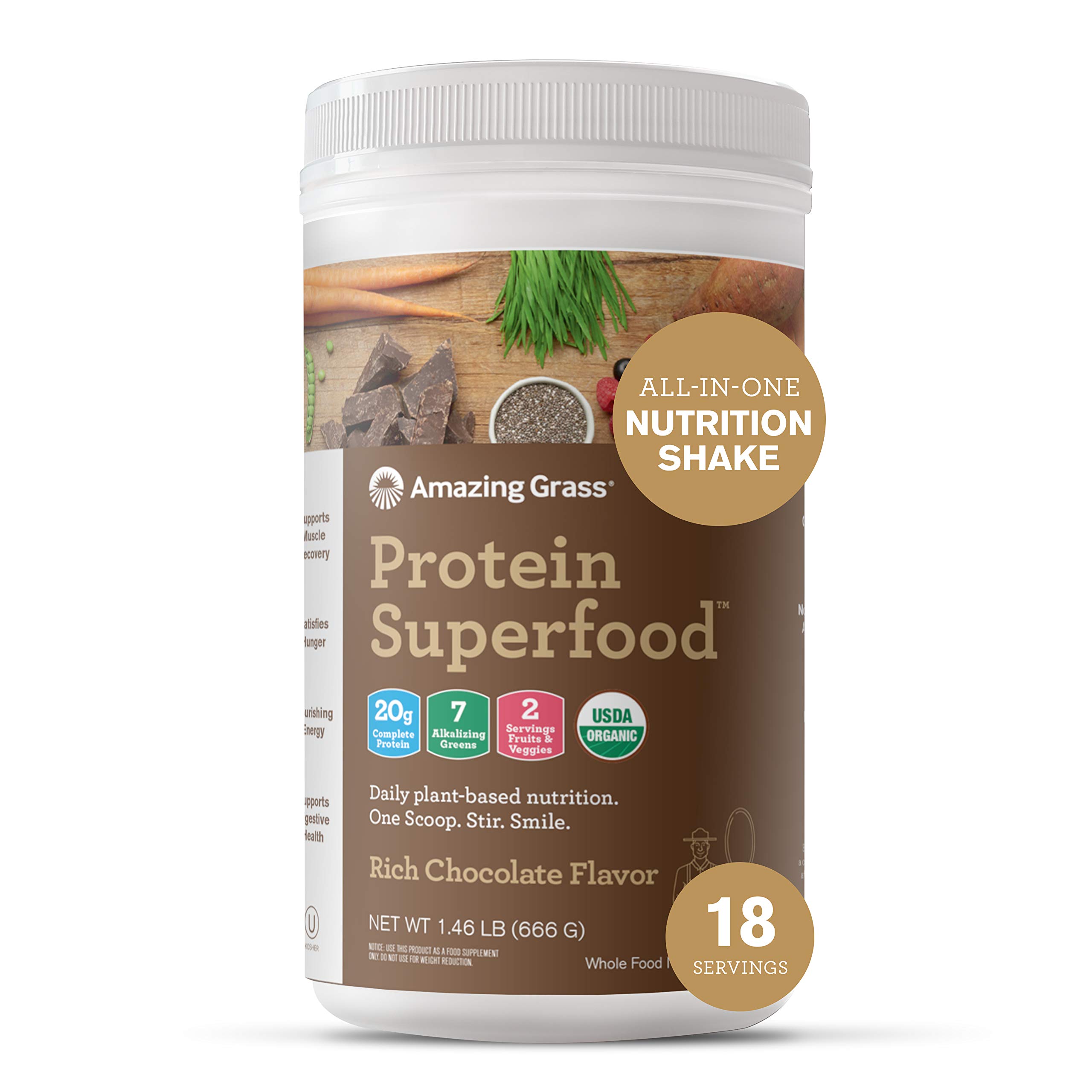 Amazing Grass Vegan Protein Superfood, All in One Nutrition Shake with Beet Root Powder, Rich Chocolate, 22.9 Oz