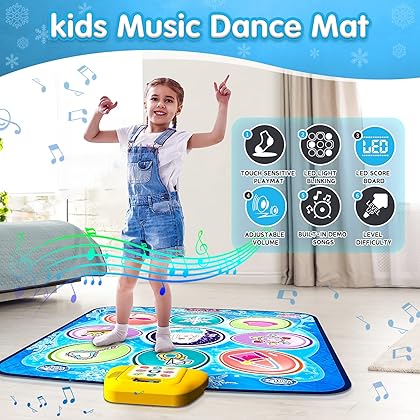 beefunni Dance Mat for Kids - Blue Frozen Themed Musical Dance Pad, Dance Game Toys with LED Lights, Including 5 Modes and 3 Challenge Levels, Birthday Gifts for Girls Boys Age 3 4 5 6 7 8-12