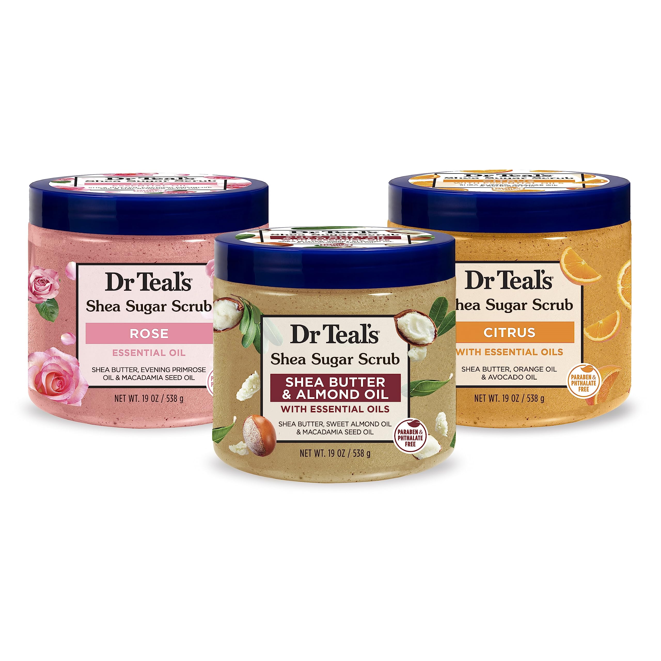 Dr Teal's Shea Sugar Scrub Trial Pack, Rose, Shea Butter, Citrus 19 oz (Pack of 3) (Packaging May Vary)