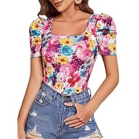 Womens Summer Tops Sexy Casual T Shirts for Women Allover Floral Print Puff Sleeve Tee
