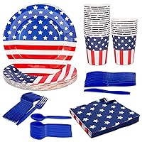 144pcs Patriotic Party Supplies Dinnerware Set--- 24 Plates,24 Napkins,24Paper Cups and 72 Plastic Utensils---4th of July Celebration,Memorial Day,Patriotic Party Decoration(Serves 24)