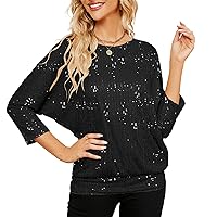 JASAMBAC Women's Sparkle Sequin Tops Shimmer Glitter Loose Cold Shoulder Party Tunic Batwing Dolman Dressy Tops