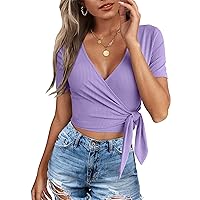 Crop Tops for Women Summer Cute Tops with Deep V Neck Shirts Sexy Unique Cross Wrap Slim Fit Tie Up Front Short Sleeve