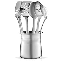 FineDine Premium Stainless-Steel Kitchen Utensil Set - 7-Piece Heat Resistant Gadgets - Cooking Set - Weighted Utensil Holder for Stability - Ladle, Turner, Spoon, Pasta Server, Utensil Caddy.