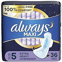 Maxi Feminine Pads for Women, Size 5 Extra Heavy Overnight Absorbency, with Wings, Unscented, 36 Count