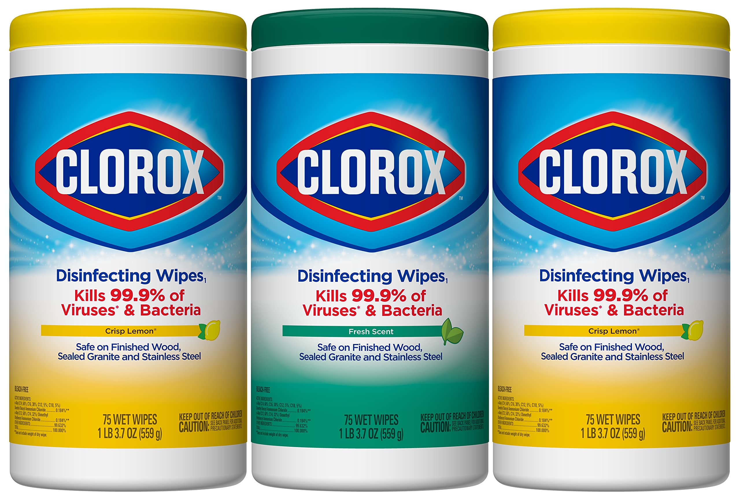 Clorox Disinfecting Wipes, Bleach Free Cleaning Wipes, Multi-surface Wipes, Fresh Scent & Crisp Lemon Value Pack, 75 Wipes (Pack of 3) - Packaging May Vary