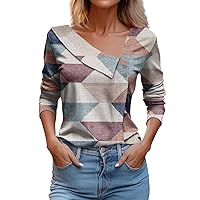 Women's Long Sleeve Blouses Casual Fashion Printed Lapel V Neck Button Pullover Top Flannel Shirts, S-3XL
