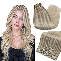 Full Shine Clip in Blonde Hair Extensions 12 Inch Nordic Real Human Hair Clip in Extensions for Short 7Pcs Double Weft Brazilian Hair Clip in Human Hair for Women Straight