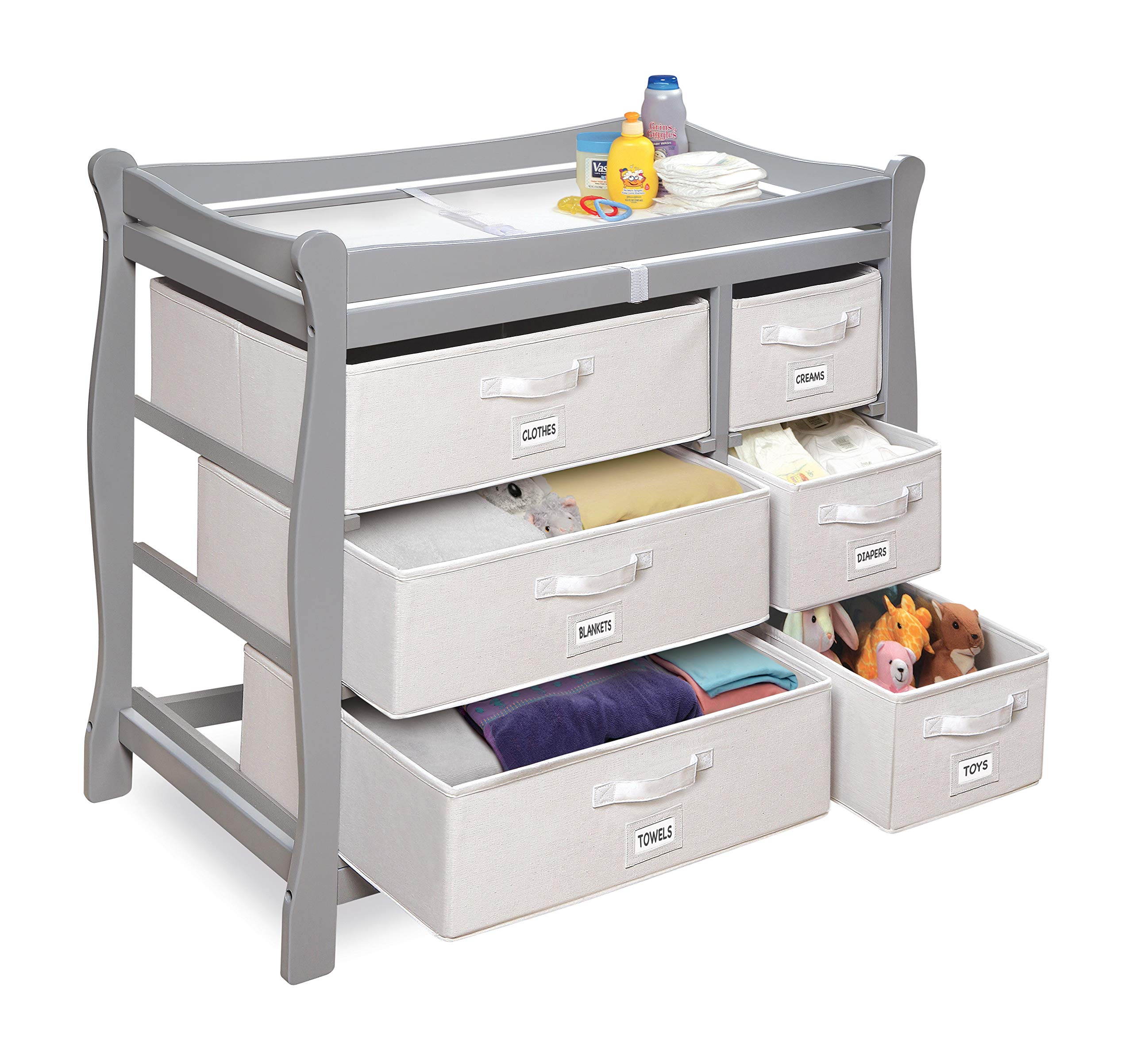 Badger Basket Sleigh Style Baby Changing Table with 6 Storage Baskets & Pad, Cool Gray/White