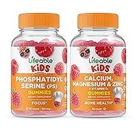Lifeable Phosphatidylserine (PS) Kids + Calcium Magnesium & Zinc Kids, Gummies Bundle - Great Tasting, Vitamin Supplement, Gluten Free, GMO Free, Chewable Gummy