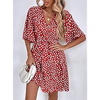 Summer Dresses for Women 2022 Allover Print Butterfly Sleeve Belted Dress Dresses for Women (Color : Red, Size : X-Small)