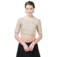 Sourbh Women's Cold Shoulder Sleeve Brocade Party Wear Saree-Blouses Ladies Tops (Beige)