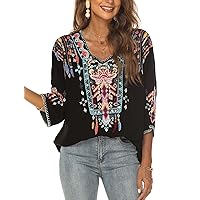 LauraKlein Women Mexican Embroidered Shirt for Women Bohemian Style Top Blouse 3/4 Sleeve Summer Casual Tunics