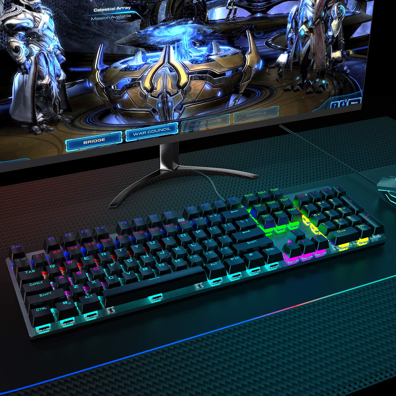 Fiodio Mechanical Gaming Keyboard, Fantastic LED Rainbow Backlit Wired Keyboard, Full Anti-Ghosting Keys, with Quick-Response Blue Switches and Multimedia Control for PC and Desktop Computer