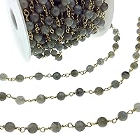 Gold Plated Copper Wrapped Rosary Chain with 6mm Faceted Natural Iridescent Labradorite Round Shaped Beads - Sold by The Foot! (CH317-GD)