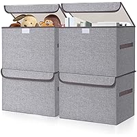 Large 22 Quart Linen Fabric Foldable Storage Bin Cube Organizer Basket with Flip-Top Lid & Handles, Clothes Blanket Box for Home, Office, Closet, Gray, 4 Pack 14.6 x 9.5 x 9.5”