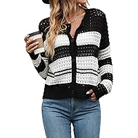 Verdusa Women's Casual Colorblock Button Up Long Sleeve Hollow Out Cardigan Sweaters