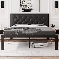 Feonase Queen Size Metal Bed Frame with Faux Leather Button Tufted Headboard, Heavy-Duty Platform Bed Frame with 12