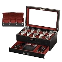 10 Slot Leather Watch Box with Matching 3 Slot Watch Roll - Luxury Watch Case Display Organizer Microsuede Liner, Locking Mens Jewelry Watches Holder, Men's Storage Boxes Holder Glass Top Black/Red