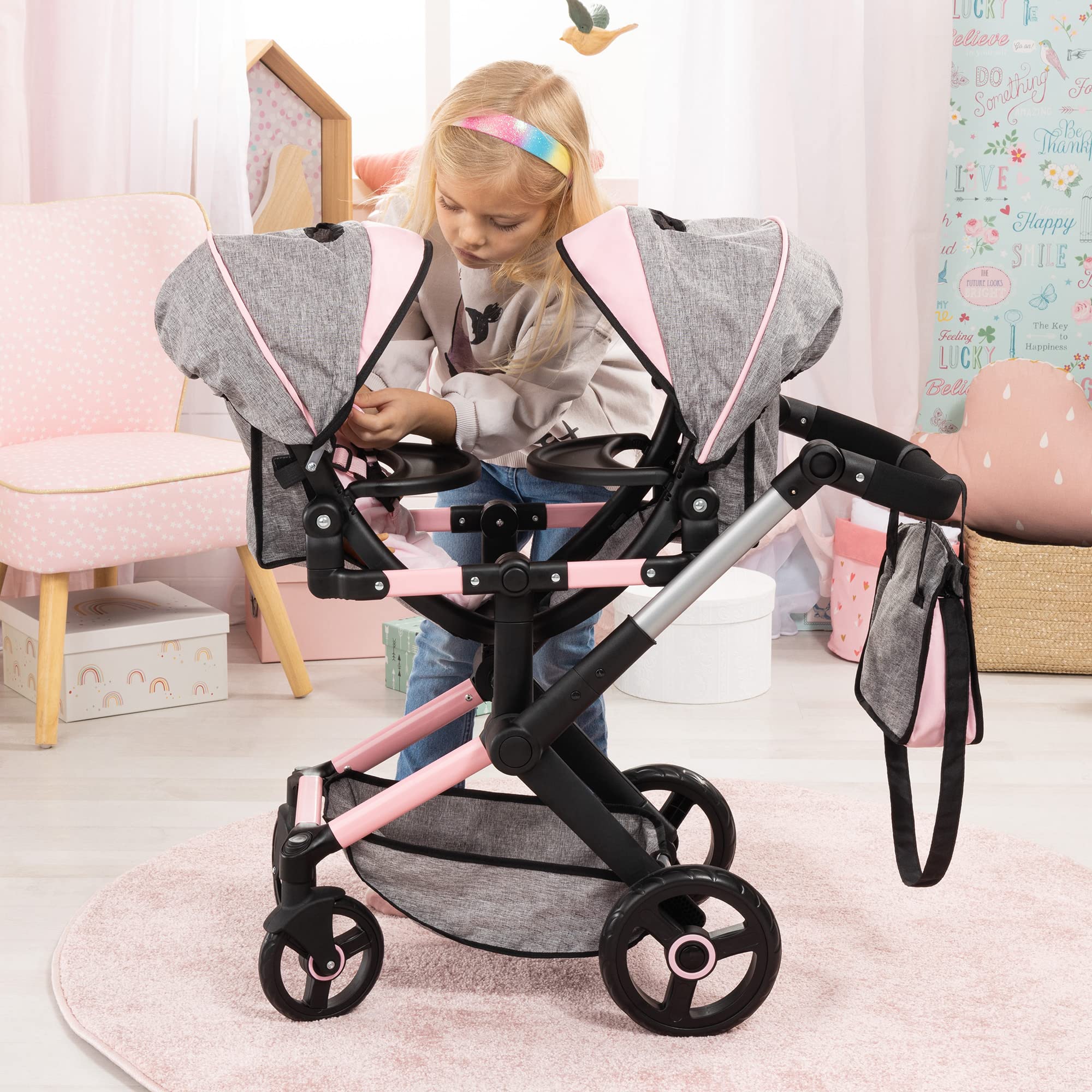 Bayer Design Dolls: Xeo Twin Pram - Butterfly Grey & Pink - Matching Handbag, Adjustable Handle, for Dolls Up to 20