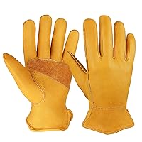 OZERO Flex Grip Leather Work Gloves Stretchable Wrist Tough Cowhide Working Glove 1 Pair (Gold, X-Large)