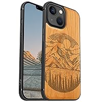 Carveit Magnetic Wood Case for iPhone 13 Mini Case [Natural Wood & Black Soft TPU] Shockproof Protective Cover Unique & Classy Wooden Case Compatible with MagSafe (Alpine Lake Carving -Cherry)
