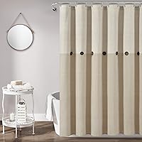 Lush Decor Beige Linen Woven Cotton Shower Curtain, Farmhouse Button Stripe, Yarn Dyed (72