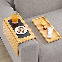 Bamboo Sofa Arm Tray Table - Couch Arm Tray with Extra Removable Tray, Anti-Slip Sofa Armrest Tray, Large Couch Cup Holder Tray for Phone, Cups, Remote, Flexible and Foldable