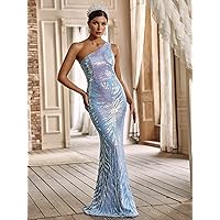 Women's Dress Dresses for Women One Shoulder Holographic Sequin Evening Gown (Color : Baby Blue, Size : Small)