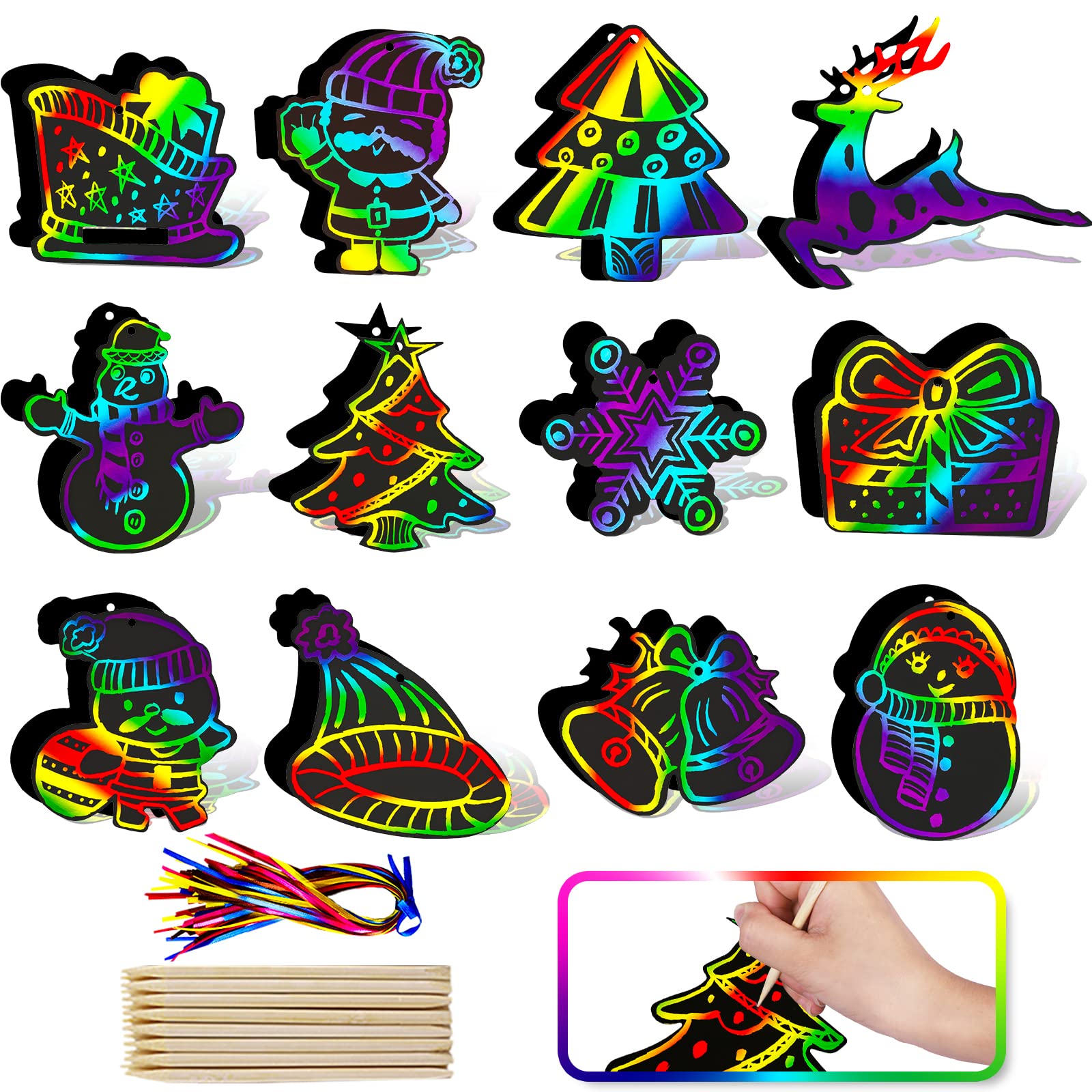 Max Fun Rainbow Color Scratch Christmas Ornaments (48 Counts) - Magic Scratch Off Cards Paper Hanging Art Craft Supplies Educational Toys Kit with 24PCS Drawing Sticks & Cords for Kids Party Favors
