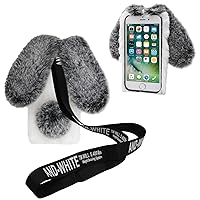 3D Bunny Ears Plush Case for LG Stylo 5 with Adjustable Crossbody Strap, Girls Winter Warm Handmade Bling Diamond Soft Rabbit Fluffy Furry Fur Shockproof Protective Phone Cover, White & Grey