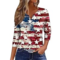 4Th of July Tops for Women Trendy 3/4 Length Sleeve V Neck Shirts Patriotic Flag Graphic Tees Button Down Blouses