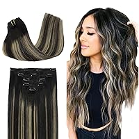 DOORES Clip in Hair Extensions Real Human Hair, 5pcs 80g 20 Inch Balayage Natural Black to Light Blonde Human Hair Extensions Clip in Remy Hair Extensions Silky Straight