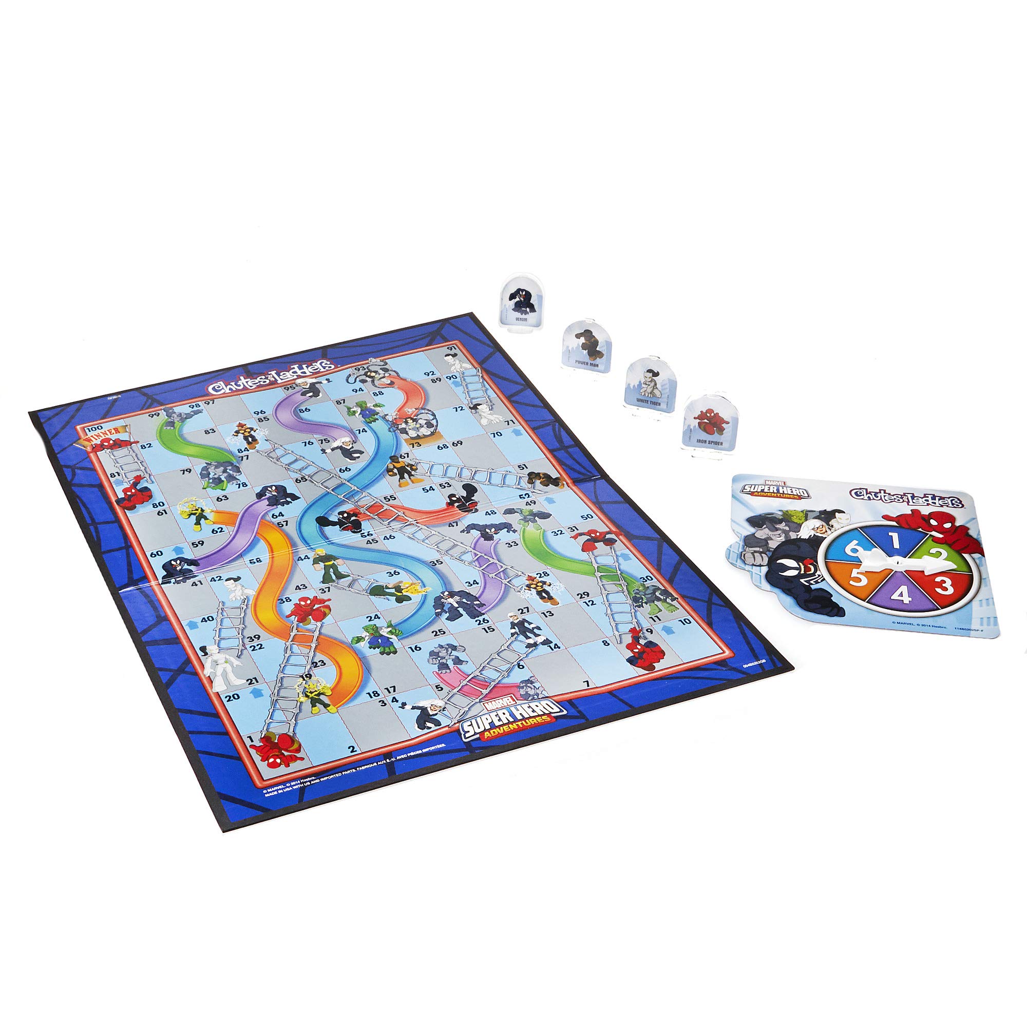 Hasbro Gaming Marvel Spider-Man Web Warriors Chutes & Ladders Game (Amazon Exclusive) for 3+ Years, Includes Gameboard, spinner with arrow and base, 8 character pawns, 4 pawn stands, and instructions.