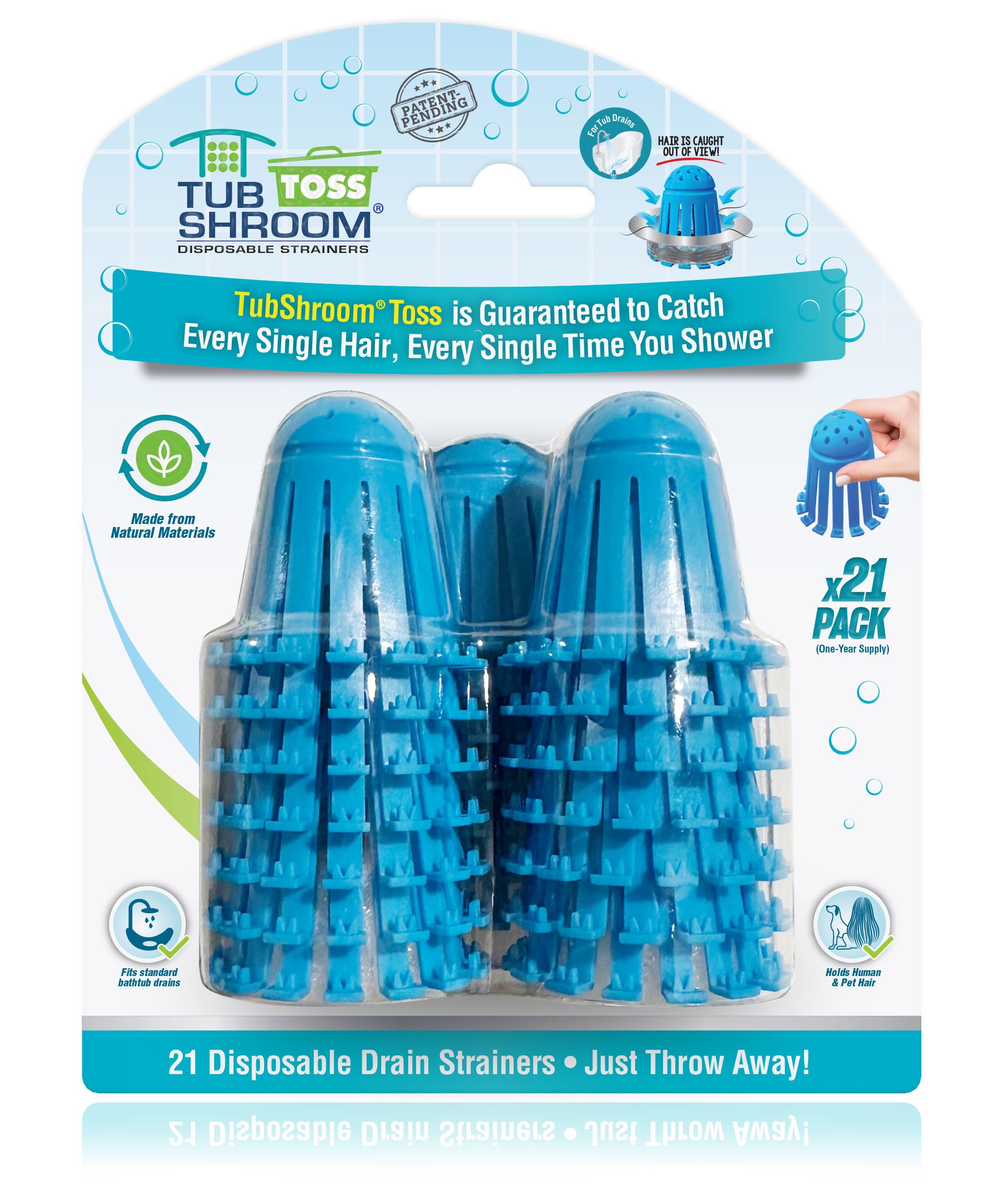 TubShroom Toss 21pk Disposable Bath Tub Drain Strainers - Hair Catcher Snare for Shower Bathtub to Prevent Clogged Drains, Traps Human and Pet Hair, One Year Supply (Blue)