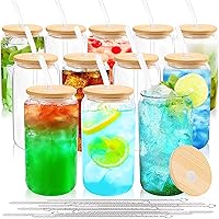 Glass Cups with Bamboo Lids and Straws 12 Set 16 oz Reusable Iced Coffee Cup Beer Can Drinking Jars for Smoothie Whiskey Boba Soda Tea Gift