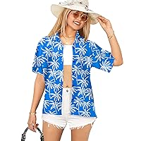 LA LEELA Button Down Shirt for Women Casual Summer Beach Party Blouses Shirt Hawaiian T-Shirt Blouse Short Sleeve Vacation Dress Tee Shirts Tops for Women S Allover Palm, Blue
