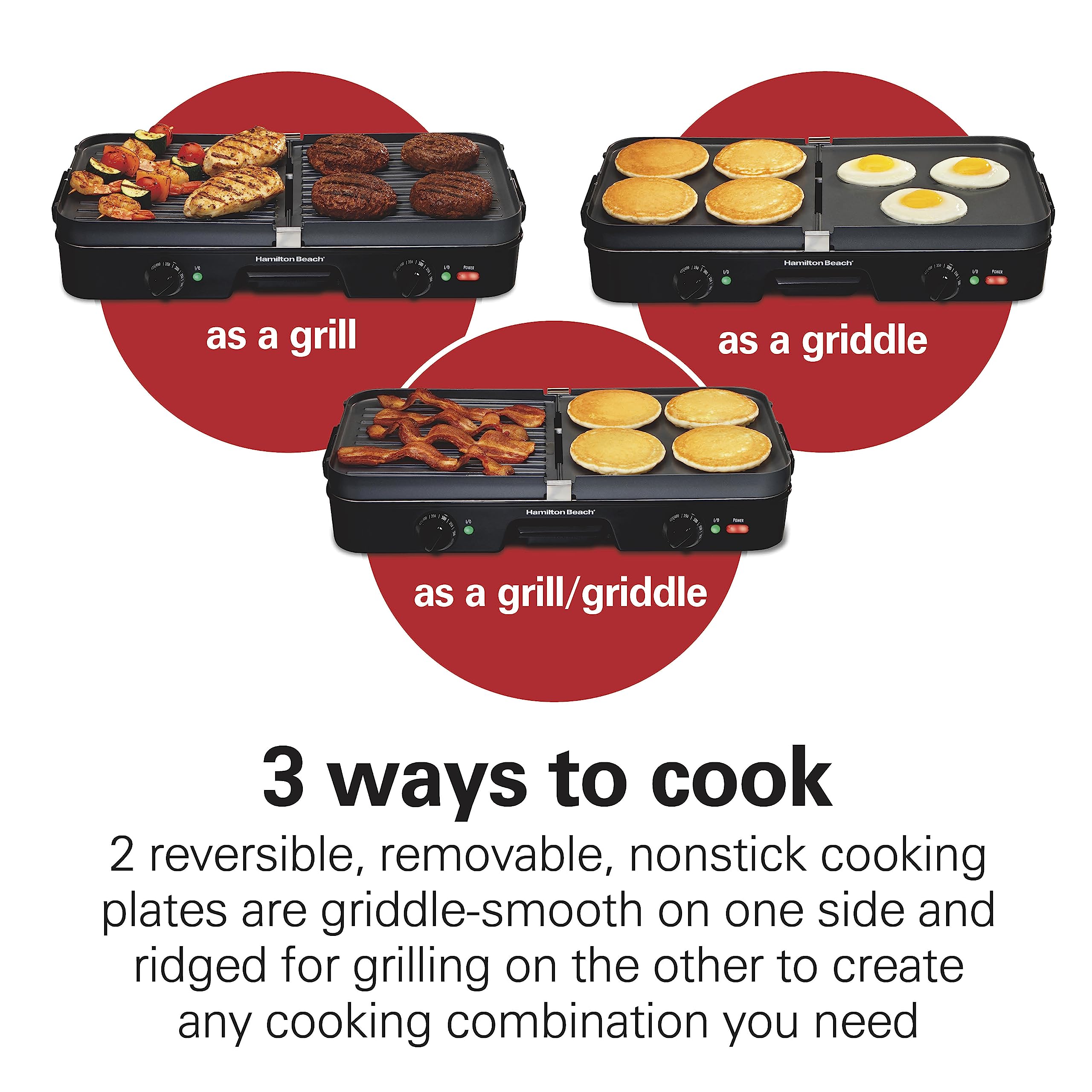 Hamilton Beach 3-in-1 Electric Indoor Grill + Griddle, 8-Serving, Reversible Nonstick Plates, 2 Cooking Zones with Adjustable Temperature (38546), Black