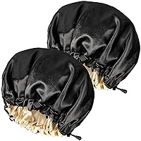 Satin Sleep Cap,Double-Sided Adjustable Sleep Bonnet,Bonnet Cap for Sleep (2 Pack Black)