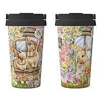 Easter Bunny 17oz Insulated Coffee Mug with Flip Lid Handle Easter Rabbit Stainless Steel Insulated Travel Tumbler Spill Proof Cup Gifts for Rabbit Lovers Easter Decorations Party Supplies Stuff