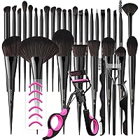 Docolor Professional Makeup Brushes Set 30Pcs Obsidian Makeup Brushes with 4 in 1 Lash Curler Kit with 6 Extra Replacement Refill Pads Eyelash Applicator Makeup Tool
