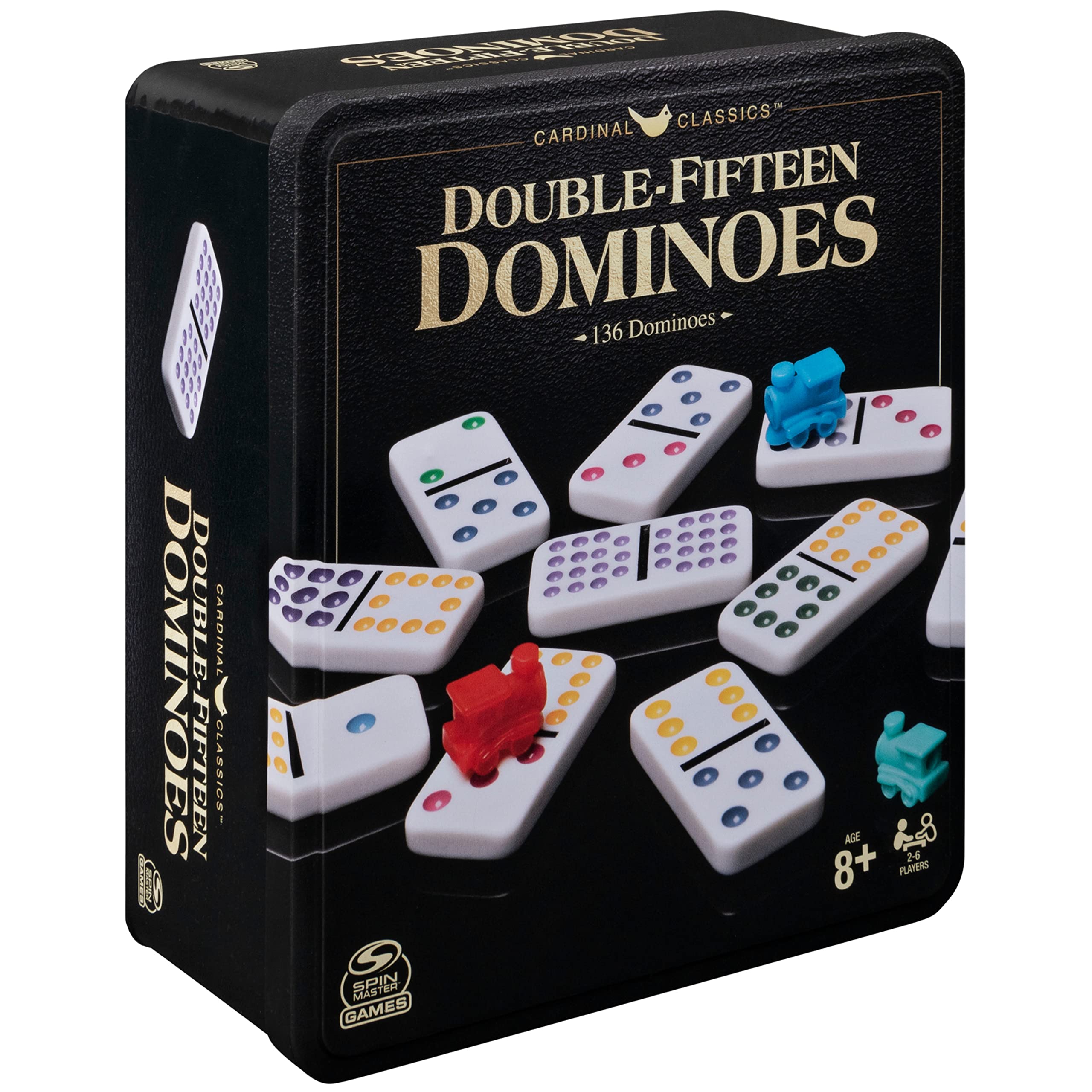 Spin Master Games Double Fifteen Dominoes Set in Storage Tin, for Families and Kids Ages 8 and up