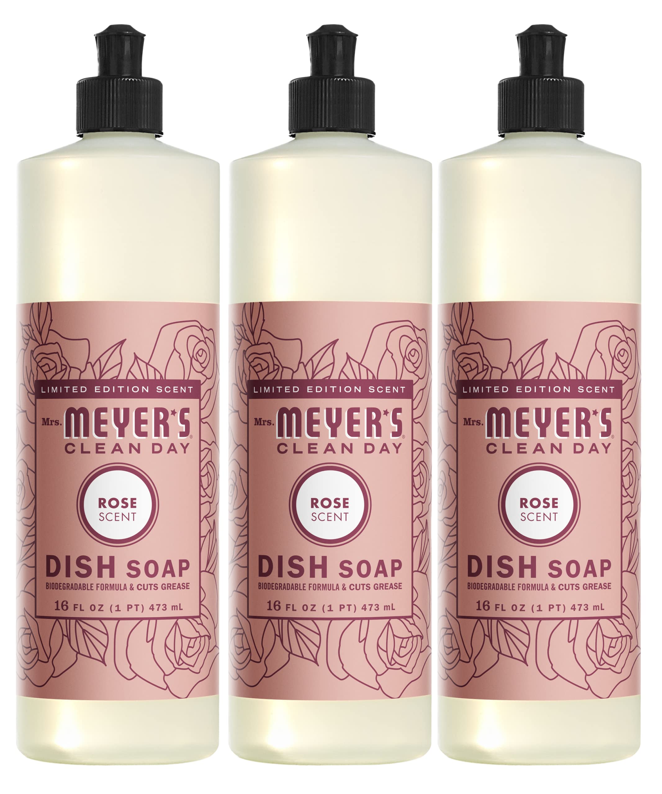 Mrs. Meyer's Liquid Dish Soap, Biodegradable Formula, Limited Edition Rose, 16 fl. oz - Pack of 3