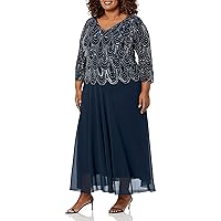 J Kara Women's Plus Size 3/4 Sleeve with Scallop Beaded Pop Over Gown