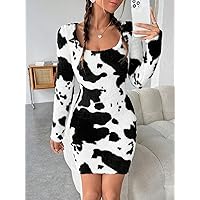 Women's Dresses Women's Cow Print Scoop Neck Fuzzy Bodycon Dress Dress for Women (Color : Black and White, Size : Medium)