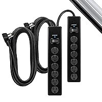GE 6-Outlet Surge Protector, 2 Pack, 15 Ft Extension Cord, Power Strip, 800 Joules, Flat Plug, Twist-to-Close Safety Covers, Protected Indicator Light, UL Listed, Black, 54650