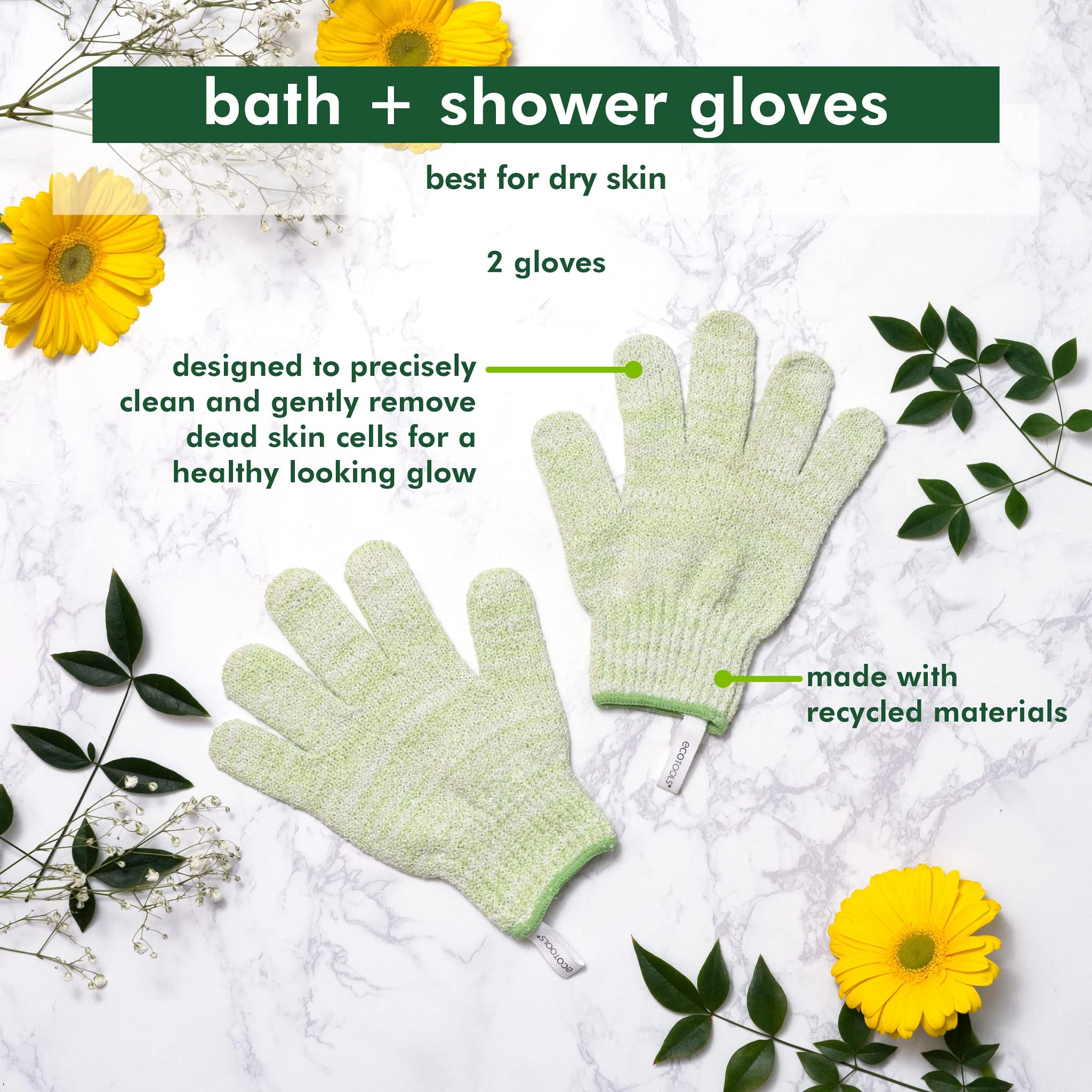 EcoTools Bath & Shower Gloves, Recycled Netting, Exfoliating, Gentle Cleansing for Whole Body, Fits All Hands, Green, 1 Pair
