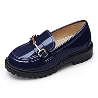 Coutgo Girl's Platform Loafers Slip On Chain Chunky Heel Leather Flats Round Toe School Uniform Dress Shoes