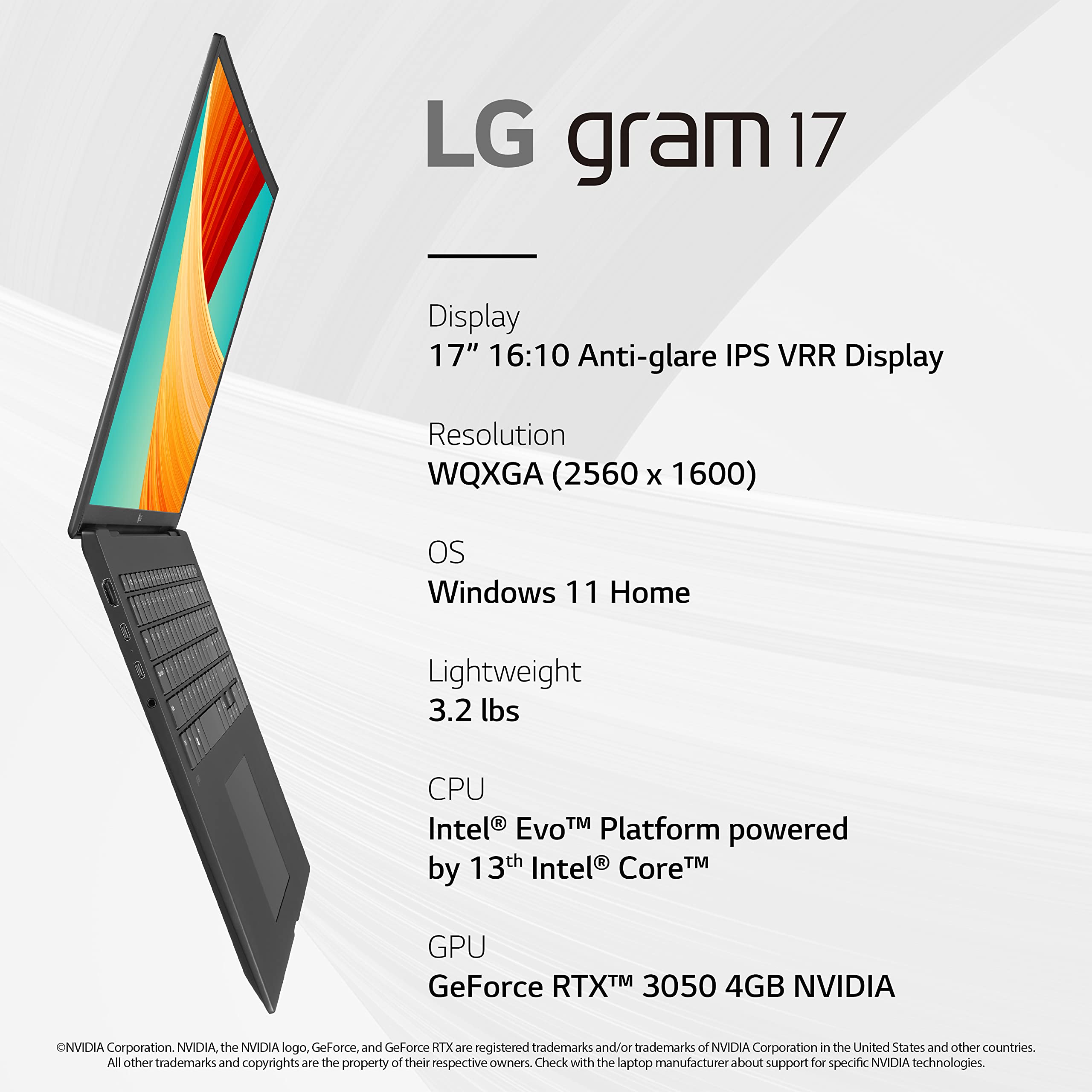 LG gram 17” Lightweight Laptop, Intel 13th Gen Core i7 Evo Platform, Windows 11 Home, NVIDIA RTX3050 4GB GPU, 16GB RAM, 1TB SSD, Black