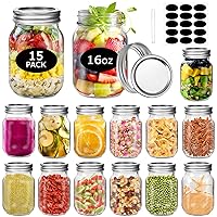 Mason Jars 15 Pcs 16 oz Regular Mouth Clear Glass Mason Canning Jars with Airtight Leak-Proof Lids and Bands Clear Spice Jars for Jam Honey Wedding Shower Favors Canning Preserving Meal